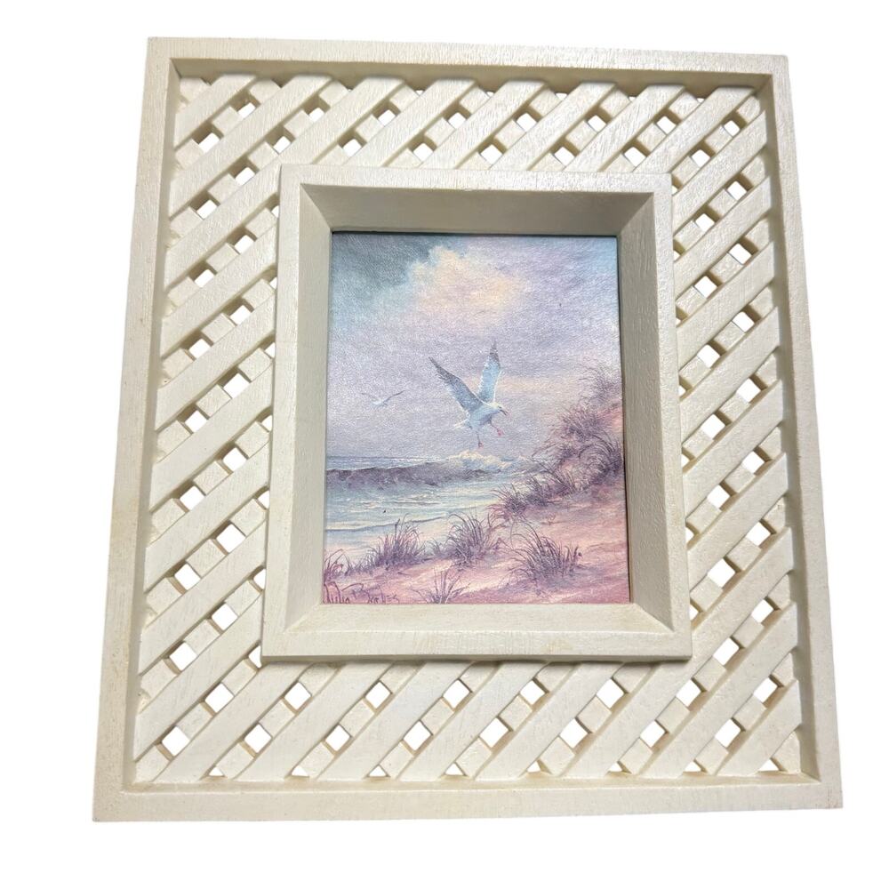 Vintage Homco Seashore Wall Print Picture White Lattice Frame Seagulls Beach 8x9
